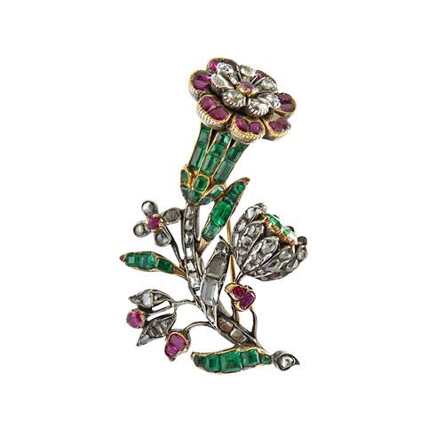 18th century emerald, ruby and diamond flower brooch, c.1760, designed as a trumpet shaped flower in bloom on a single stem with various smaller buds and flowerheads,